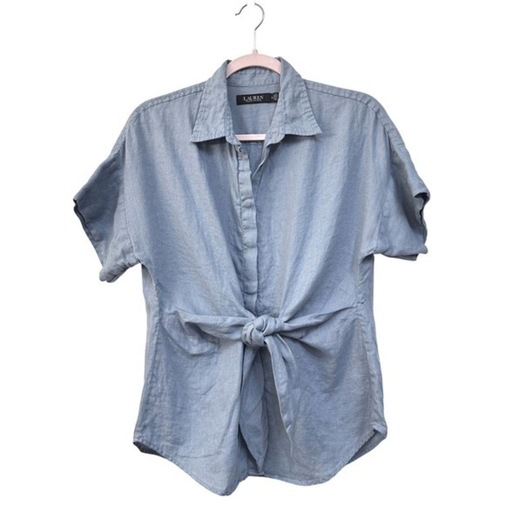 Lauren Ralph Lauren Linen Tie Front Broadcloth Button Up Shirt M Self Waist Tie